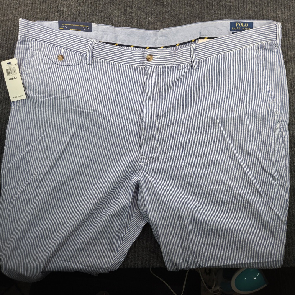 Polo Ralph Lauren Mens 48B x 34 Seersucker Stripe Stretch Classic Fit Pants Blue